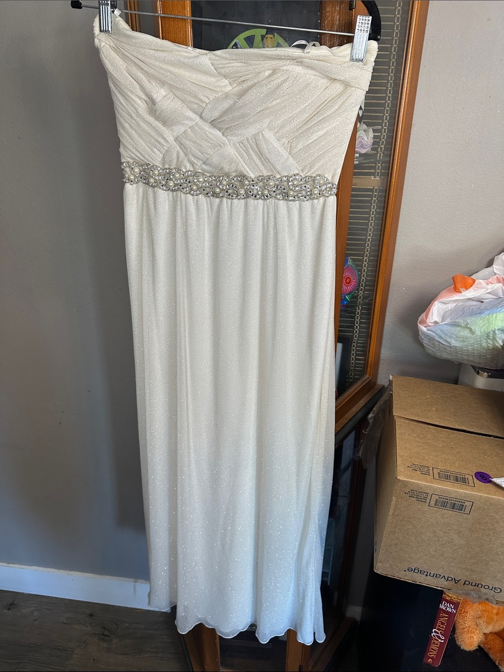 City Triangles Strapless Shimmery White Beaded Empire Gown